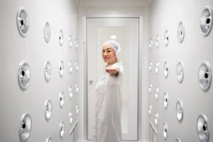 A photography of a cleanroom gowned woman in a high air pressure airlock.